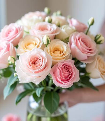 A romantic pastel-colored bouquet with roses and peonies.