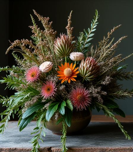 A bouquet featuring native New Zealand foliage like flax and protea.